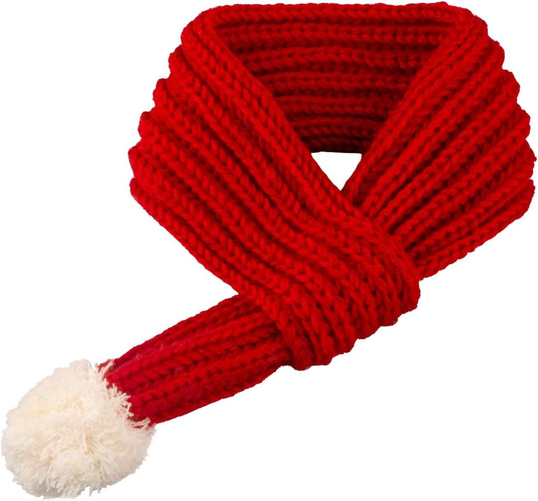 Dog Christmas Knitted Scarf Red Knit Scarves with Fuzzy Pompom Neck Warmer Bandana Xmas Holiday Winter Pet Puppy Cat Costume (L)