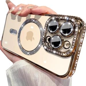 Magnetic Clear Glitter Case for iPhone 16 Pro Max,[Compatible with MagSafe] Cute Luxury Bling Sparkly Diamond with Camera Protector TPU Bumper Women Girls Case for iPhone 16 Pro Max 6.9",Gold