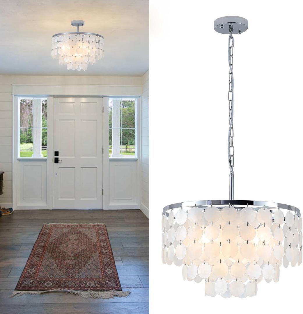 17.72" Capiz Shell Chandelier, 5 Light Chrome Dining Room Light Fixture, Modern Natural Coastal Seashell Chandeliers for Living Room Bedroom Foyer Bathroom (White Seashell Lighting Fixtures)