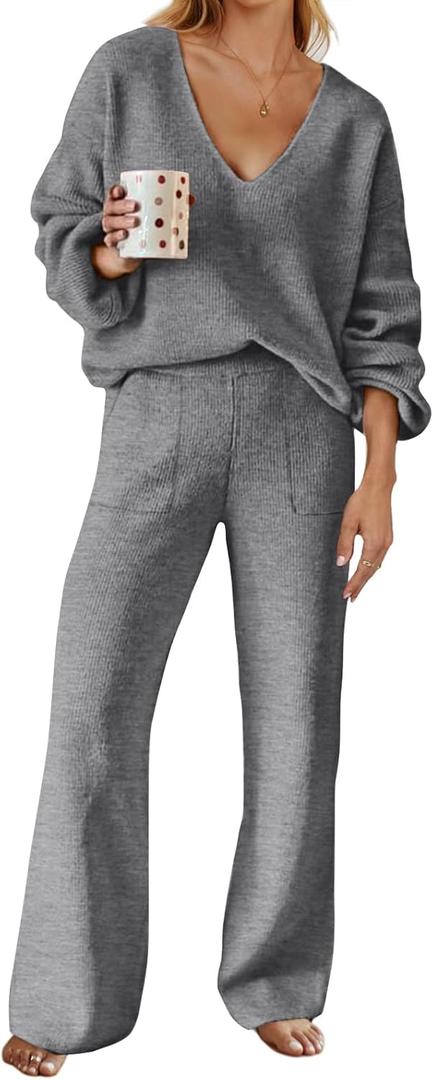 MEROKEETY Women's 2 Piece Outfits Lounge Sets Fall Winter Long Sleeve Knit Sweater Wide Leg Pant Matching Set (Large, Dark Grey)