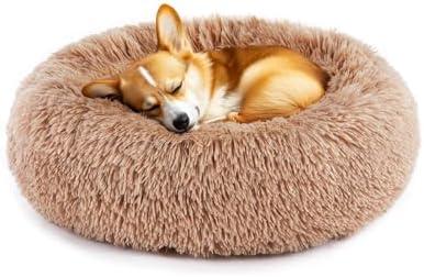 DUMOS Calming Donut Cat & Dog Bed for Small Dogs, Machine Washable Cuddle Warming Cozy Fluffy Faux Fur Plush Round Dog Bed, Anti-Anxiety Waterproof Anti-Slip Pet Bed, Brown, 14×14×4 Inches