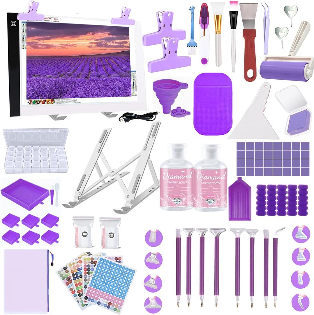 NLXCXUCY 158pcs Diamond Art Accessories Kit All-Inclusive Diamond Painting Tool Set with A4 Diamond Painting Light Pad,Diamond Art Sealer Glue,Diamond Correction,Pens Storage Box for DIY Craft (Purple)
