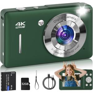 Digital Camera for Kids, FHD 1080P 44MP Point and Shoot Digital Camera with Face Detect, Smile Capture, 16X Zoom, 20 Filters, Anti Shake, 32GB SD Card Green Compact Vintage Camera