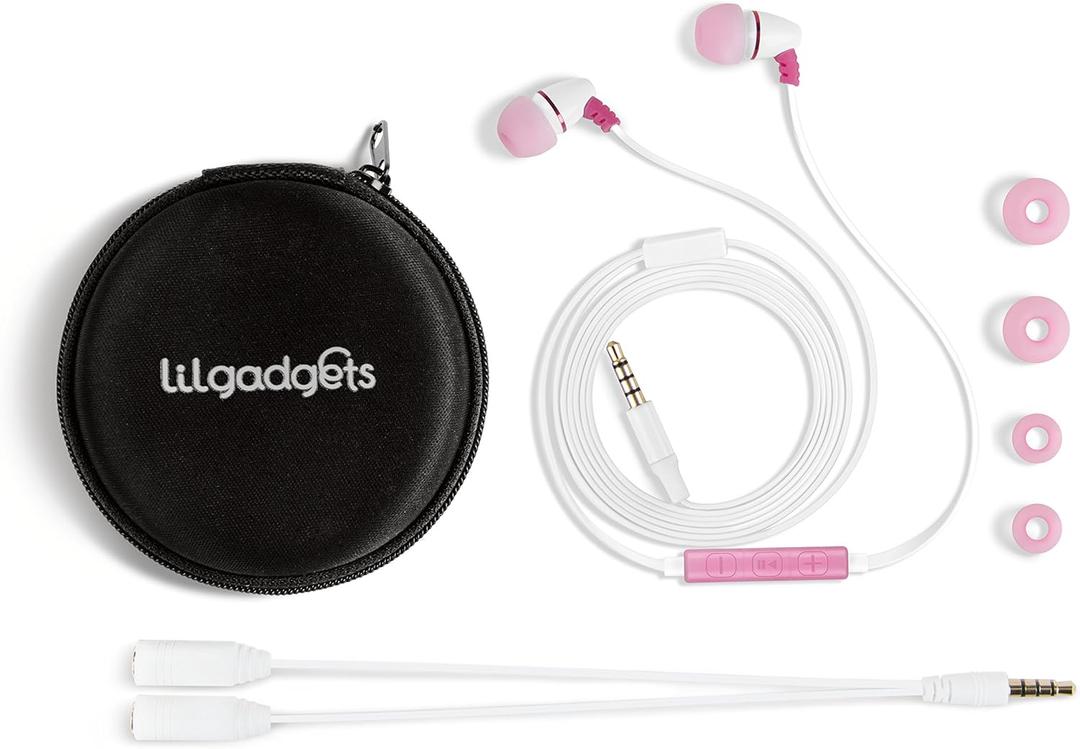 LilGadgets Wired Ear Buds for Kids - Safe & Comfortable, Volume Limited, Wired Earbuds for Kids with an in-Line Microphone, Travel Case, and Splitter - Pink