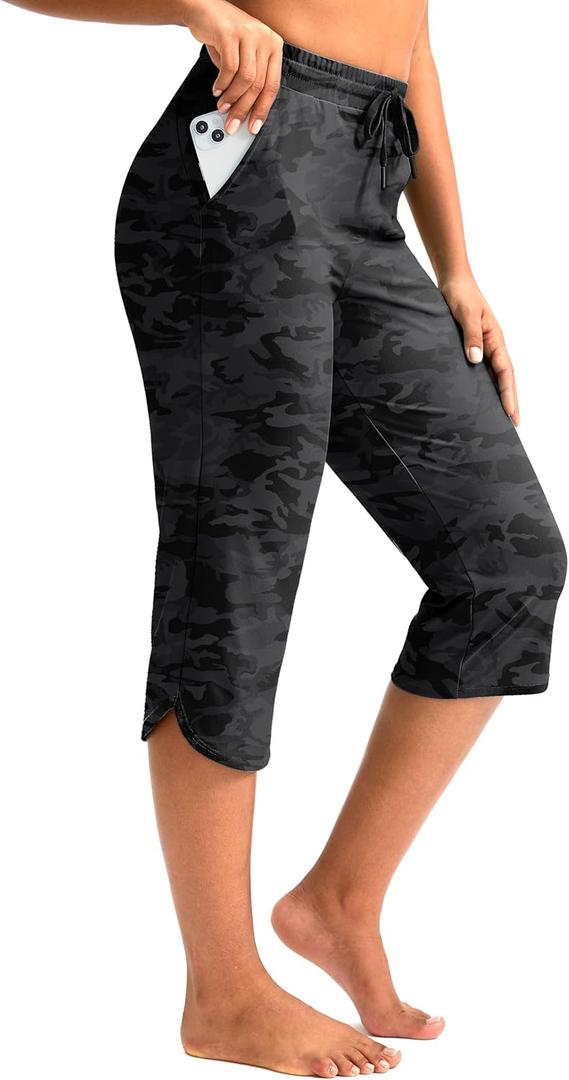 Pudolla Women's Swim Capris 18" Quick Dry UPF50+ Swimsuit Pants Long Board Shorts for Women with Pockets (Large, Black Camo)