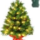 Pre-lit 2ft Small Christmas Tree, Leeheeyee Artificial mini Christmas Tree with 50 LED Lights, Battery Operated Tabletop Xmas Tree with Burlap Base for Table Desk Home Christmas Decor (Green)