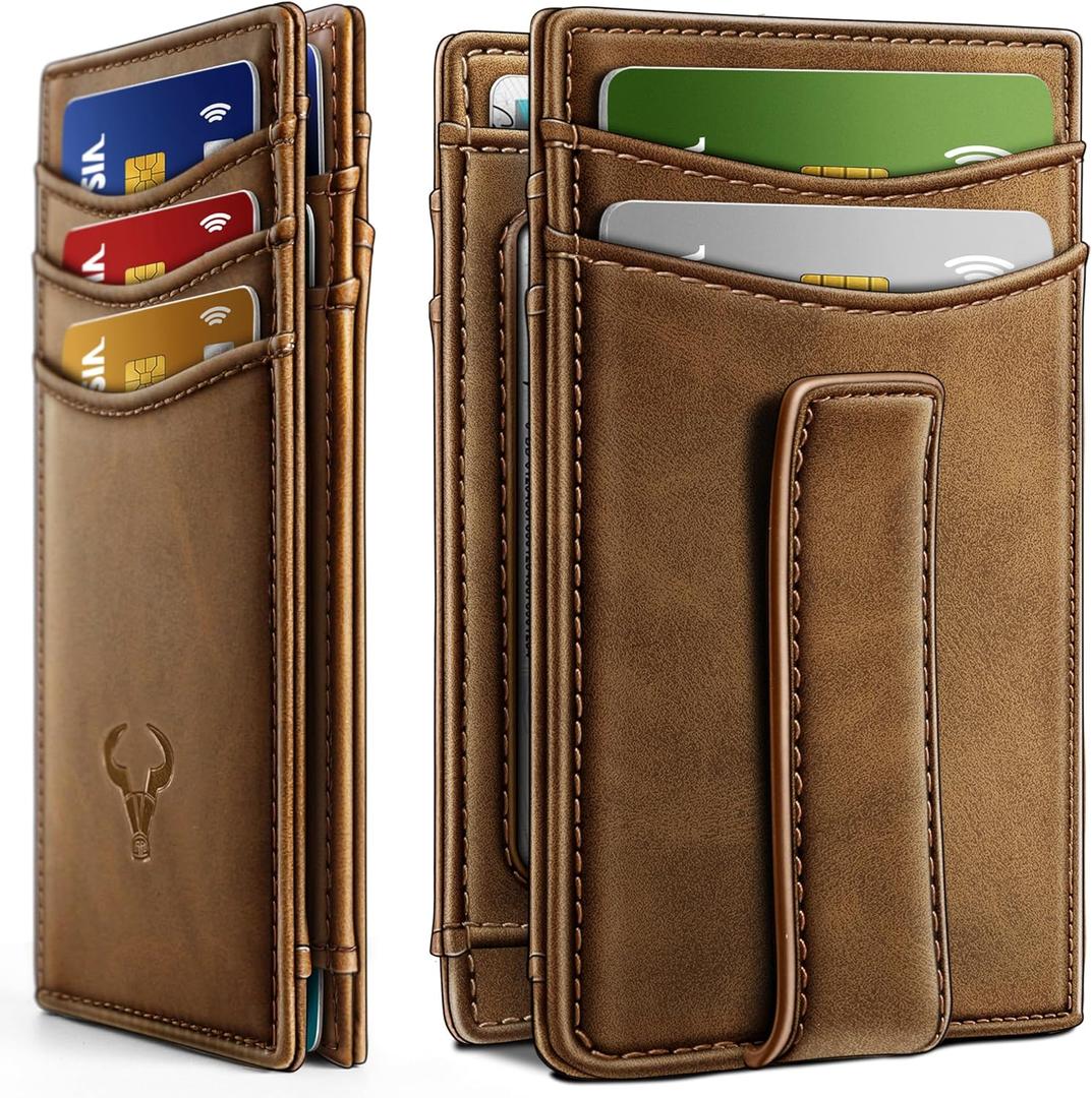 BULLIANT Magnetic Closure Slim Wallet-Genuine Leather Front Pocket Wallet for Men,RFID Blocking,Holds 12 Cards and Money Clip (Tiger Eye4654)