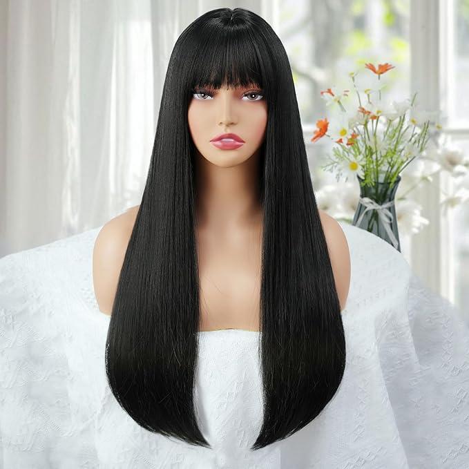 BESSY HAIR Long Black Wig with bangs Natural Matte Black Straight Wigs for Women Heat Resistant Synthetic Bang wig for Girls Daily Party Cosplay Halloween Costume Use 24 Inch (Black)
