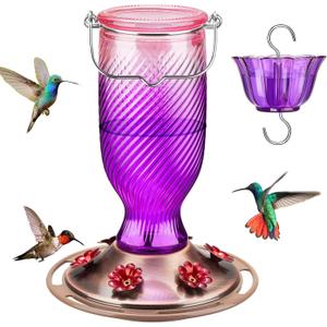 Kingsyard Glass Hummingbird Feeders for Outdoors, 24 oz Hummingbird Nectar Feeder for Outdoors Garden Yard Dcor, 6 Feeding Ports, Ant Moat Included, Easy to Clean & Refill, Purple