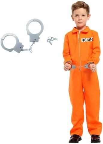 ZNTU Prisoner Costume Kids,Orange Prisoner Jumpsuit with Handcuffs,Jailbird Inmate Prison Uniform 2XL