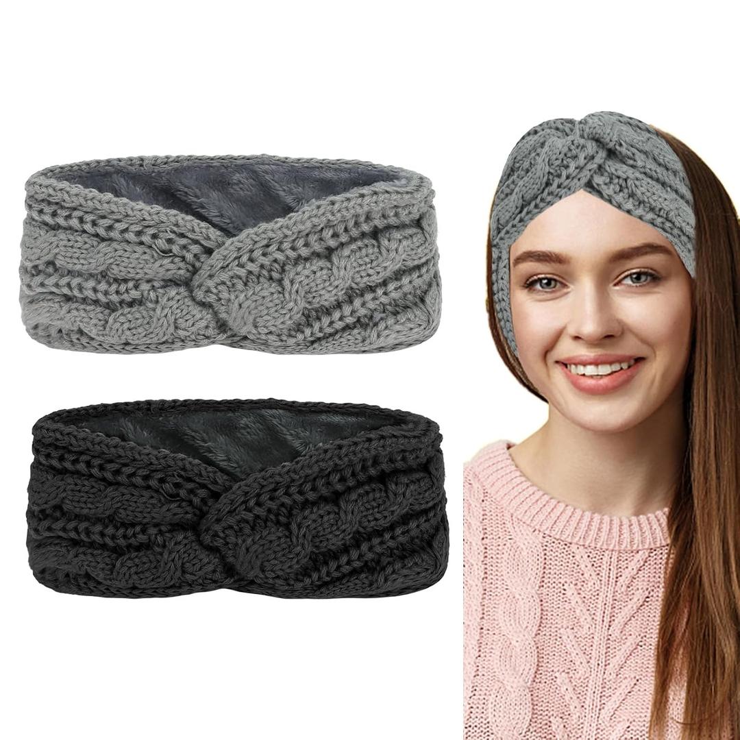 2 x CAVETEE Winter Headbands for Women2 Pack Thickened Coral Fleece Lined Crochet Knit Non-Slip Windproof Knit Headbands for Women 