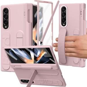 for Samsung Galaxy Z Fold 3 Case with S Pen Holder & Slim Stylus, Fold3 Hand Strap Case with Kickstand Hinge Protection Screen Protector Wristband Hand Grip Cover for Z Fold 3 Pink