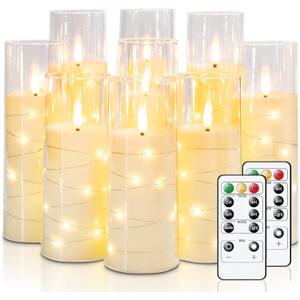 Raycare Flameless Candle with Remote Timer  9 Flickering Acrylic Battery Operated LED Pillar Candles with Embedded Star String for Christmas, Wedding, Home Decor, and as a Gift (Ivory White)