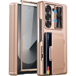 for Samsung Galaxy Z Fold 6 Case with Card Holder & Hinge Protection & Screen Protector, Built-in Camera Lens Cover, Rugged Shockproof Phone Cover Case for Samsung Z Fold 6 2024, Rose Gold