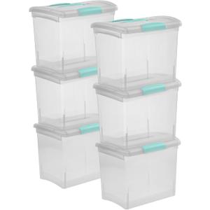 Sterilite Large Nesting ShowOffs, Stackable Small Storage Bin with Latching Lid and Handle, Plastic Container to Organize Office Files, Clear, 6-Pack