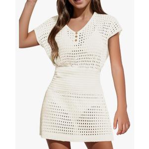 Haloumoning Girls Crochet Swim Beach Cover Up Kids Fashion Button Short Sleeve Swimsuits Cover Ups 5-14 Years