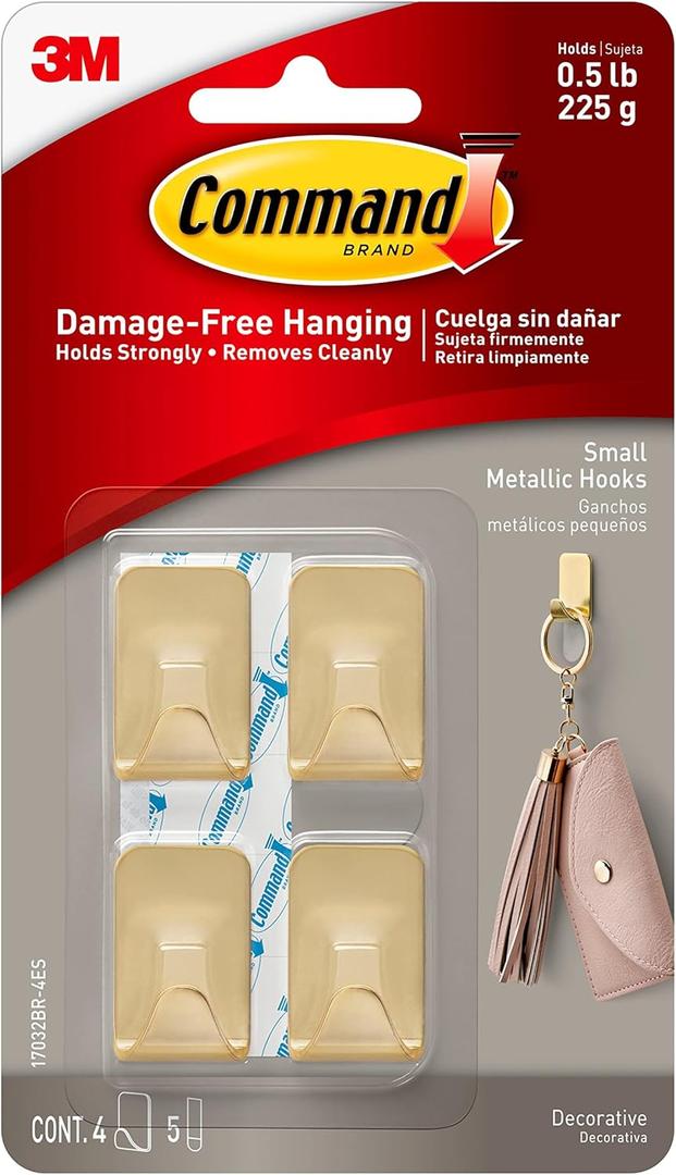 Command Small Metallic Hooks Brass Color, 4 Hooks and 5 Strips, Damage-Free Wall Hook with Adhesive Strips, No Tools Great for Hanging Home Decor, Holds up to 0.5 lb