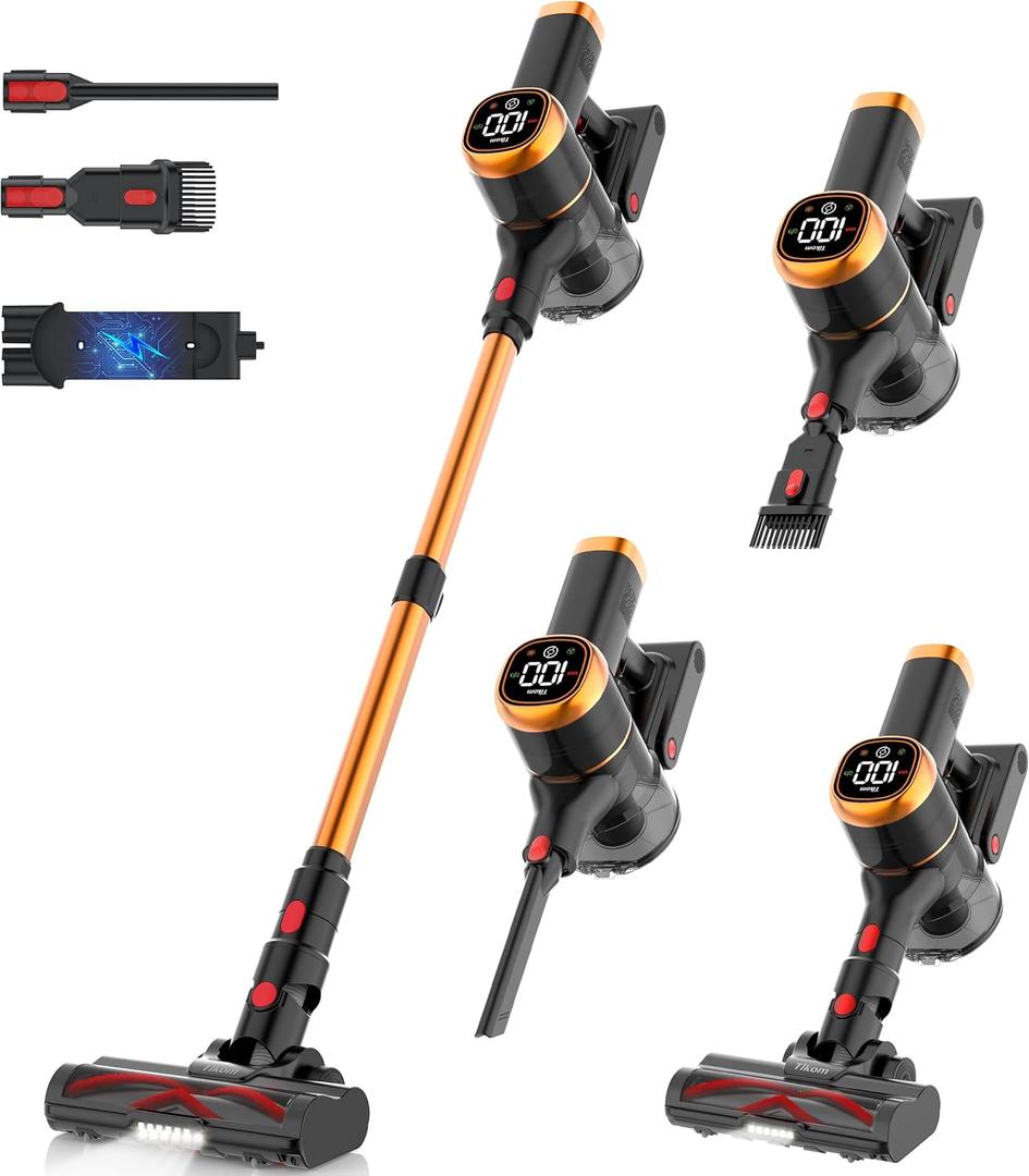 Tikom V500 Cordless Vacuum Cleaner for Home, 40000Pa/450W Stick Vacuum with LED Touch Screen, Charging Wall Dock, Anti-Tangle, Lightweight Handheld Vacuum for Pet Hair, Hard Floor, Carpet (Black&gold)