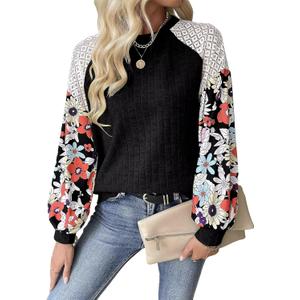Floral Tops for Women Patchwork Long Sleeve Ribbed Blouses Crewneck Striped Crochet Print Shirts Lace Knit Sweaters (X-Large, Black)