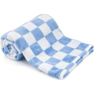 Plush Checkered Baby Blanket for Boys Girls Nursery, 30"*40" Warm Short Fleece Blanket Neutral for Infant Newborn, Small Fuzzy for Sleeping, Chenille Baby for Stroller (Blue & White)