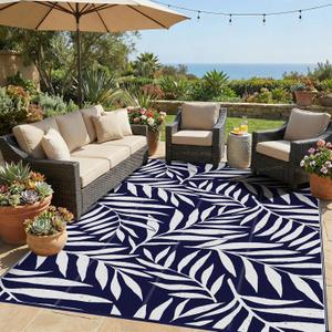 Smiry Outdoor Rug 8x10 ft, Waterproof Reversible Plastic Straw Rugs, Outdoor Area Rug with Leaf Pattern, Outside Floor Mat for Patio, Backyard, Deck, Picnic, Beach, Camping, Navy & White