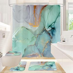 Gibelle 4 Pcs Shower Curtain Set with Non-Slip Rugs Toilet Lid Cover and Bath Mat, Green Marble Bathroom Decor Set with Accessories