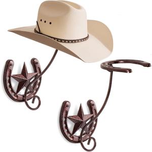 Cowboy Hat Rack for Wall Rustic Metal Cowboy Hat Holder 2 Pack Hat Hanger Western Wall Decor Horseshoe Hooks Storage Display Closet Bedroom Living Room Western Gift Antique Bronze
