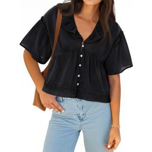 Cicy Bell Womens Cropped Babydoll Tops Summer Eyelet V Neck Short Sleeve Cute Blouses Ruffle Shirts, Black, Large