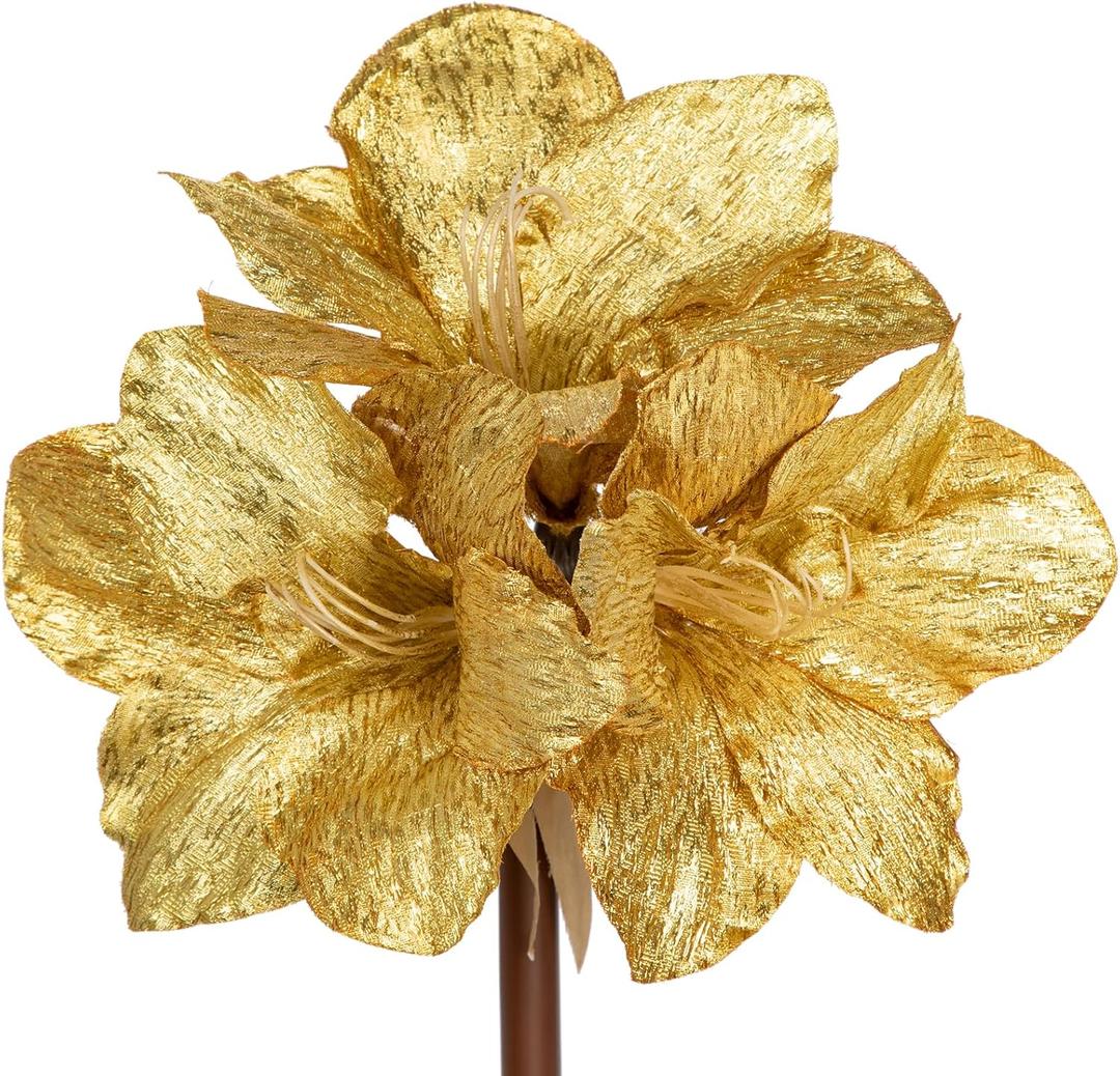 Briful Amaryllis Artificial Christmas Flower Stems, 19.7" Gold Glitter Faux Amaryllis with Detachable Heads for Xmas Home Party Wedding Bouquet Vase Arrangement Decor