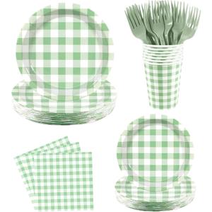Green Gingham Disposable Party Tableware Set for 30 Guests 9 & 7 Inch Paper Plates, Cups, Napkins and Forks, Green Checkered Paper Dinnerware for Birthday, Picnic, Baby Shower, Outdoor Gatherings