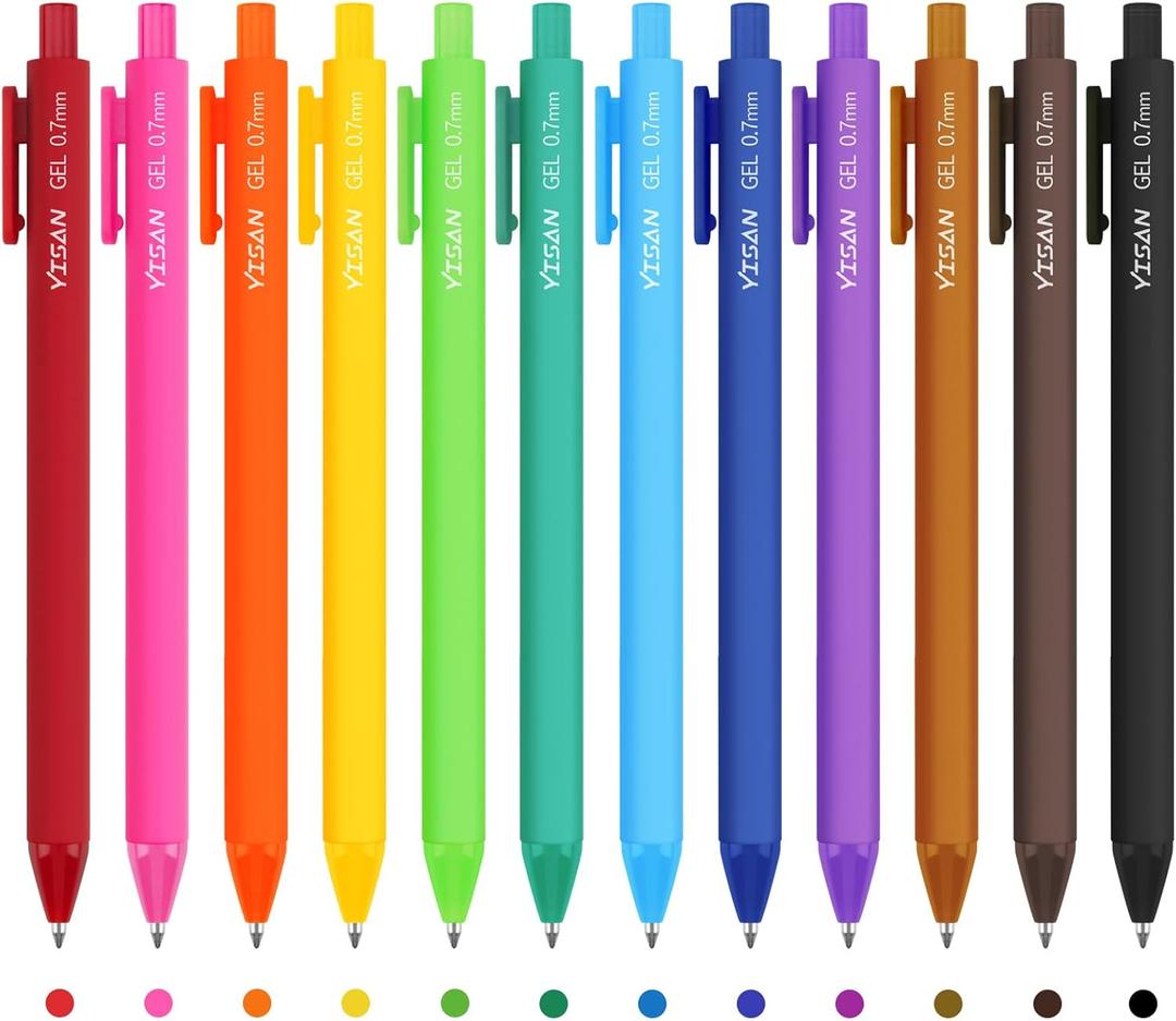 YISAN Colored Gel Pens,Journal Pens 0.7 mm Colorful Ink Pens,Fine Point Fast Dry 12 Assorted Colors,Smooth Writing for Journaling and Note Taking,Retractable,Roller Ball Point,71044 (Multicolor)
