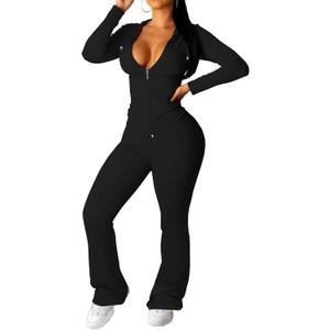 PINSV Women 2 Piece Outfits Workout Bodycon Tracksuit Long Sleeve Zip Up Hoodie Jacket Matching Flared Pants Sets (XX-Large, Black)