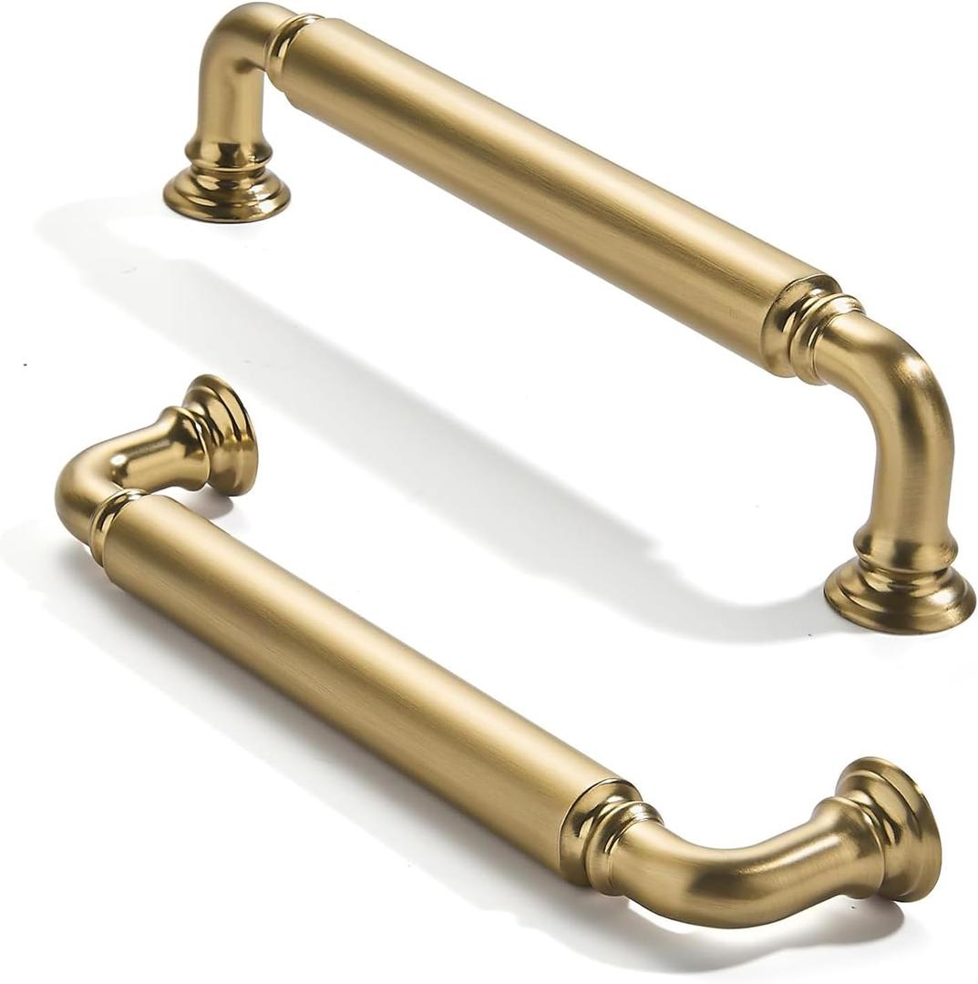 10 Pack 5 inch(128mm) Center to Center Brushed Brass Cabinet Pulls Satin Brass Solid Cabinet Hardware Heavy-Duty Drawer Handles Kitchen Cabinet Pulls Drawer Kitchen Cabinet Hardware