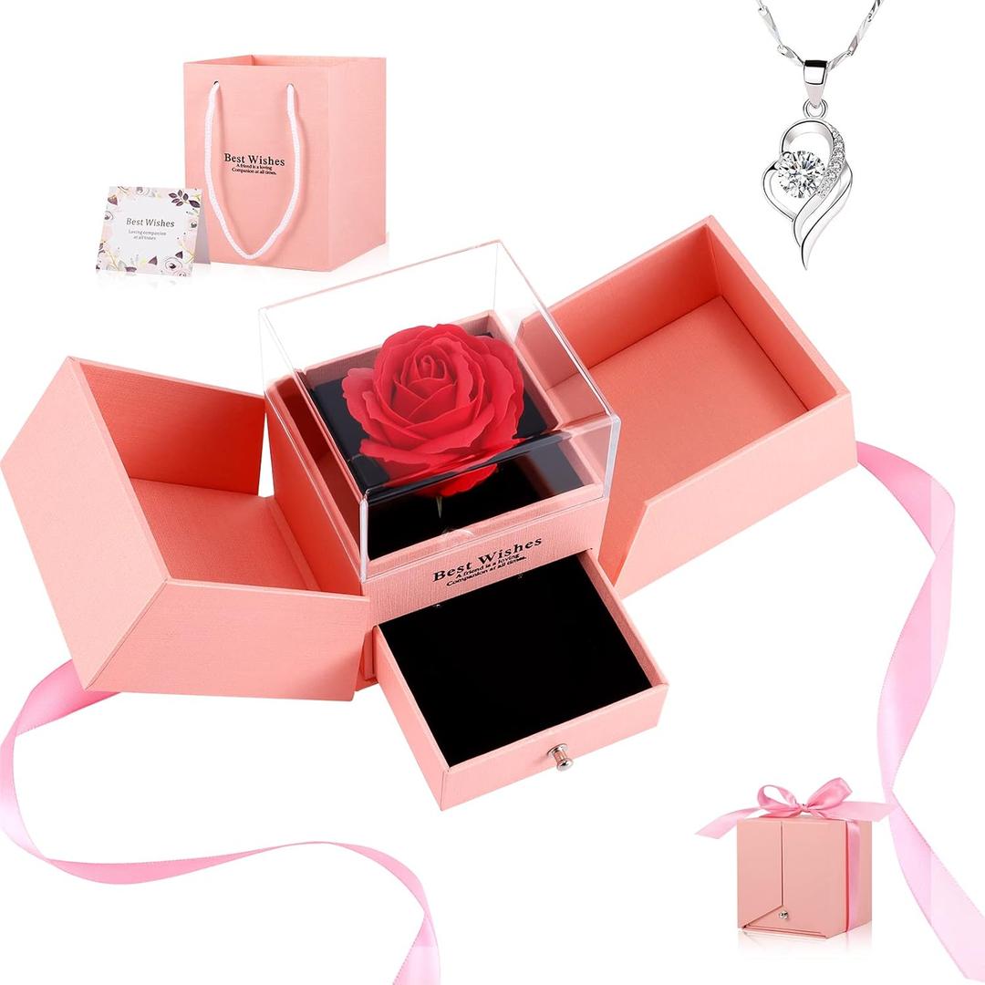 Preserved Rose Box with Necklace, Artificial Rose Flower Gifts for mon Romantic Gifts for Woman Wife Girlfriend mom Birthday, Anniversary, Mother's Day, Christmas