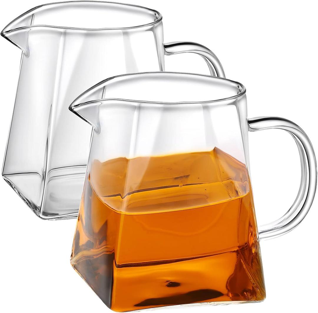 Leinuosen 2 Pcs Small Glass Creamer Pitcher with Spout Milk Frothing Pitcher Elegant Shaped Glass Coffee Tea Milk Creamer Jug Creative Milk Frother Cup(square Style,350 Ml)