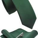 JEMYGINS 2.4" Solid Color Skinny Tie and Pocket Square with Tie Clip Sets for Men (6cm) (Dark Green)