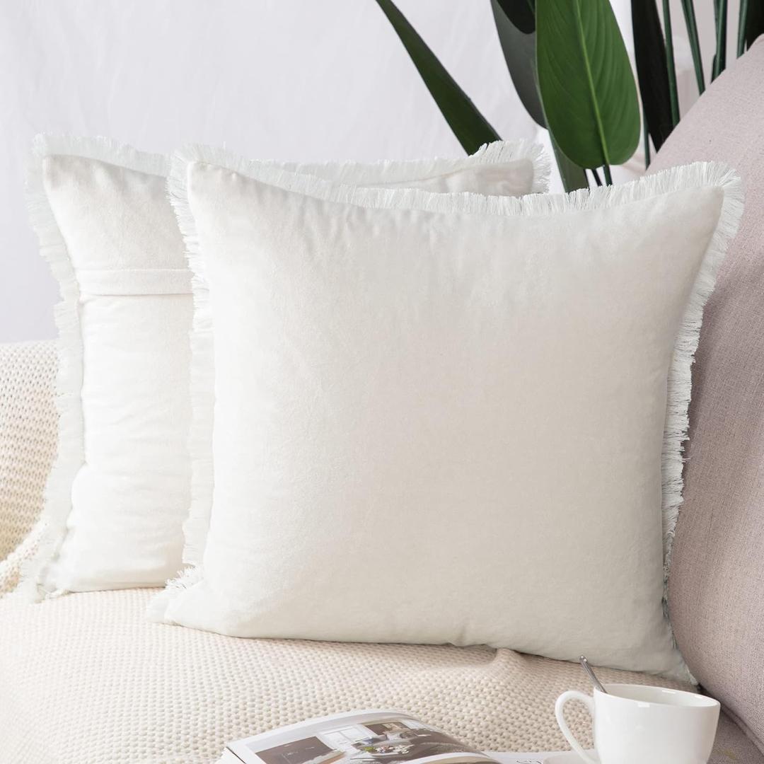 MADIZZ Set of 2 Suede Throw Pillow Covers with Fringe Tassels 20x20 Inch Creamwhite Soft Decorative Cushion Cover for Sofa Bedroom Pillow Shell