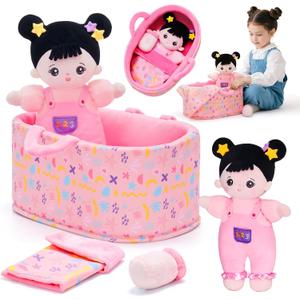 OUOZZZ 10" Soft Baby Doll Set with Plush Doll, Bassinet, Blanket and Bottle, Pretend Playset for Emotional Social Education Asian Doll for 2 Year Olds Girls Christmas Birthday Gift