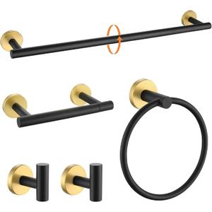 TURS Black and Gold 5 Piece Bathroom Hardware Set, SUS304 Stainless Steel Gold Black Towel Bar Set, 24 Inch Rould Bathroom Accessories Kit Wall Mounted