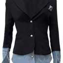 LKOUS Women's Denim Patchwork Long Sleeve Open Front Slim Fit Blazer | Stretchy, Casual, Business, Jacket, Pockets, V-Neck, Button, Soft, Suit, Lightweight, Work, Lapel, All Season, Black, X-Large