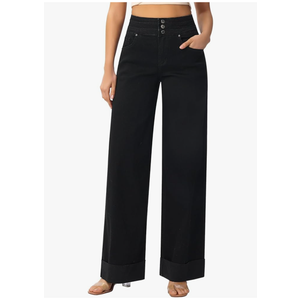 roswear Women's High Waisted Stretchy Wide Leg Jeans Cuffed Baggy Jeans Loose Denim Pants XL