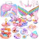 Tea Party Set for Little Girls: 63Pcs Pretend Play Toys, Unicorn Princess Dress Up Tea Time, Tin Tea Sets for Toddlers with Dessert, Carrying Case, Kids Kitchen Playset, Birthday Gift for Toddler Girl