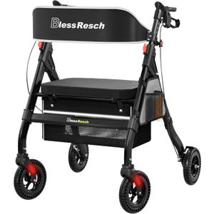 Foldable Rollator Walkers with Seat for Seniors, 450 lb Capacity, 8'' Wheels, 18" Big Seat, 6-Position Height, Heavy-Duty Aluminum Rolling Walker (Black)