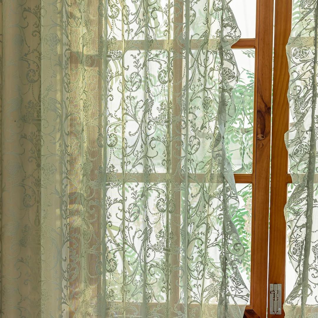 Sage Green Sheer Curtains 45 Inch Length- Romantic Small Lace Cafe Half Curtains for Windows, Rod Pocket Floral Ruffle Privacy Short Window Treatment for Kitchen Bathroom, 59 x 45 Inch