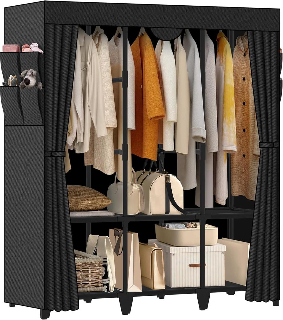 Wardrobe Closet, Quick and Easy Assembly, Black Large Capacity Portable Closet with 3 Hanging Rods 6 Storage Shelves and 8 Side Pockets, Clothes Rack with Cover, for Bedroom and Living Room (50 Inch)