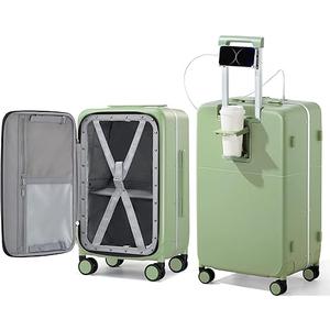 Hanke 24 Inch Luggage with Cup Holder and Charge,Top Opening Hard Shell Suitcases with Wheels and Dividers,Aluminum Frame Trunk Luggage Medium Checked Suitcase with Lock for Travel, Bamboo Green