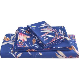 JSD Navy Blue Tropical Floral Printed Sheet Set King Size | 4 Piece Soft Botanical Microfiber Sheets, 16 inch Extra Deep Pocket, OEKO-TEX Certified, Easy Care, Blue Flower