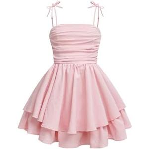 RoseSeek Girl's Flowy Cami Dress Ruched Sleeveless Pink Layered Ruffle Kawaii Short Smocked Summer Dresses 9 Y