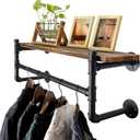 WEBI Wall Mounted Clothes Rack with Shelf,24" Industrial Pipe Clothing Rack with Shelves,Heavy Duty Iron Garment Bar,Retail Display Clothes Rod for Laundry Room,Black