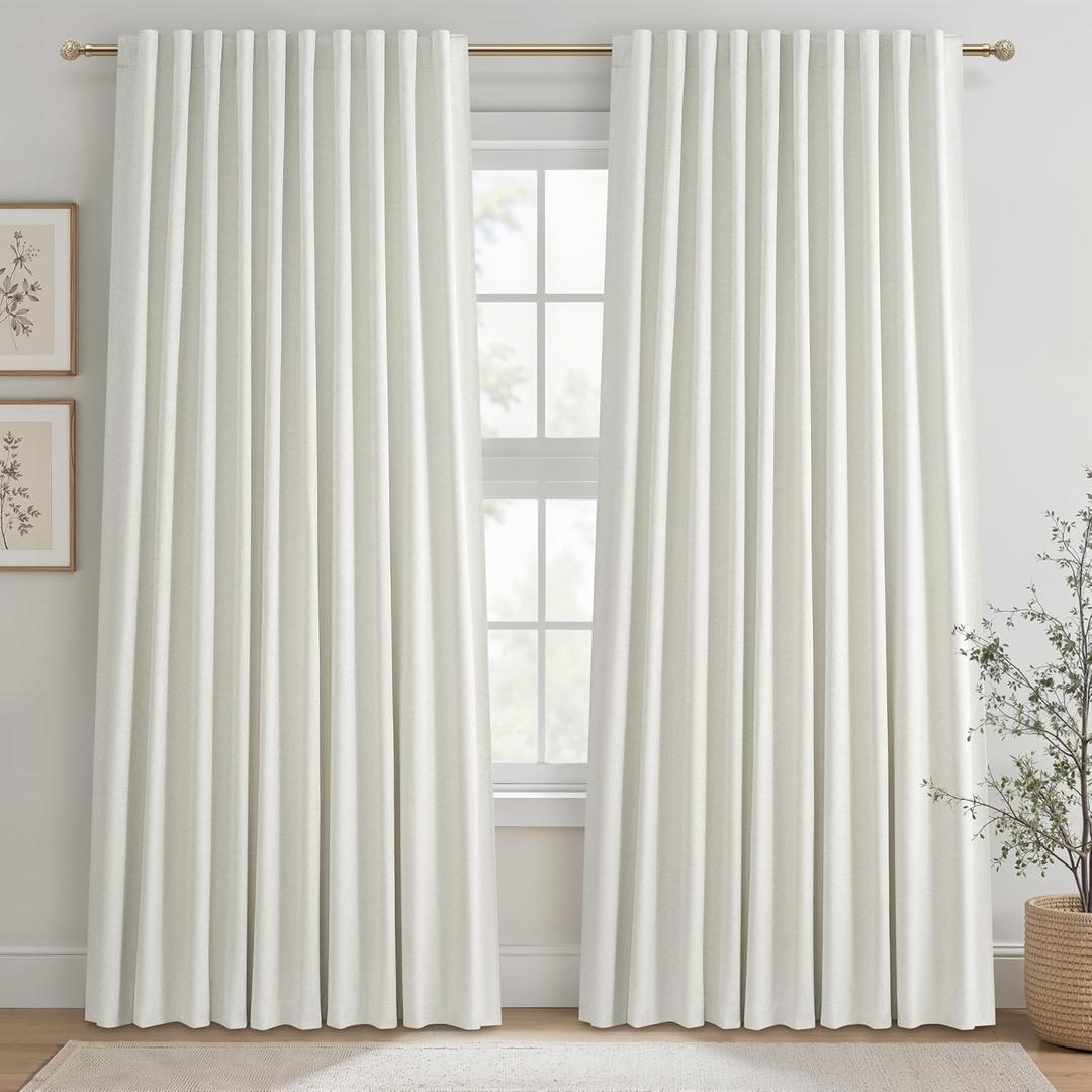 Cute Blackout Curtains 60 Inches Extra Wide Linen 96 Inch Length for Living Room/Sliding Glass Door,Pleated Heavy Duty Thermal Drapes for Winter Thick Large Window(60"Wx96"L 2 Panels Beige White)
